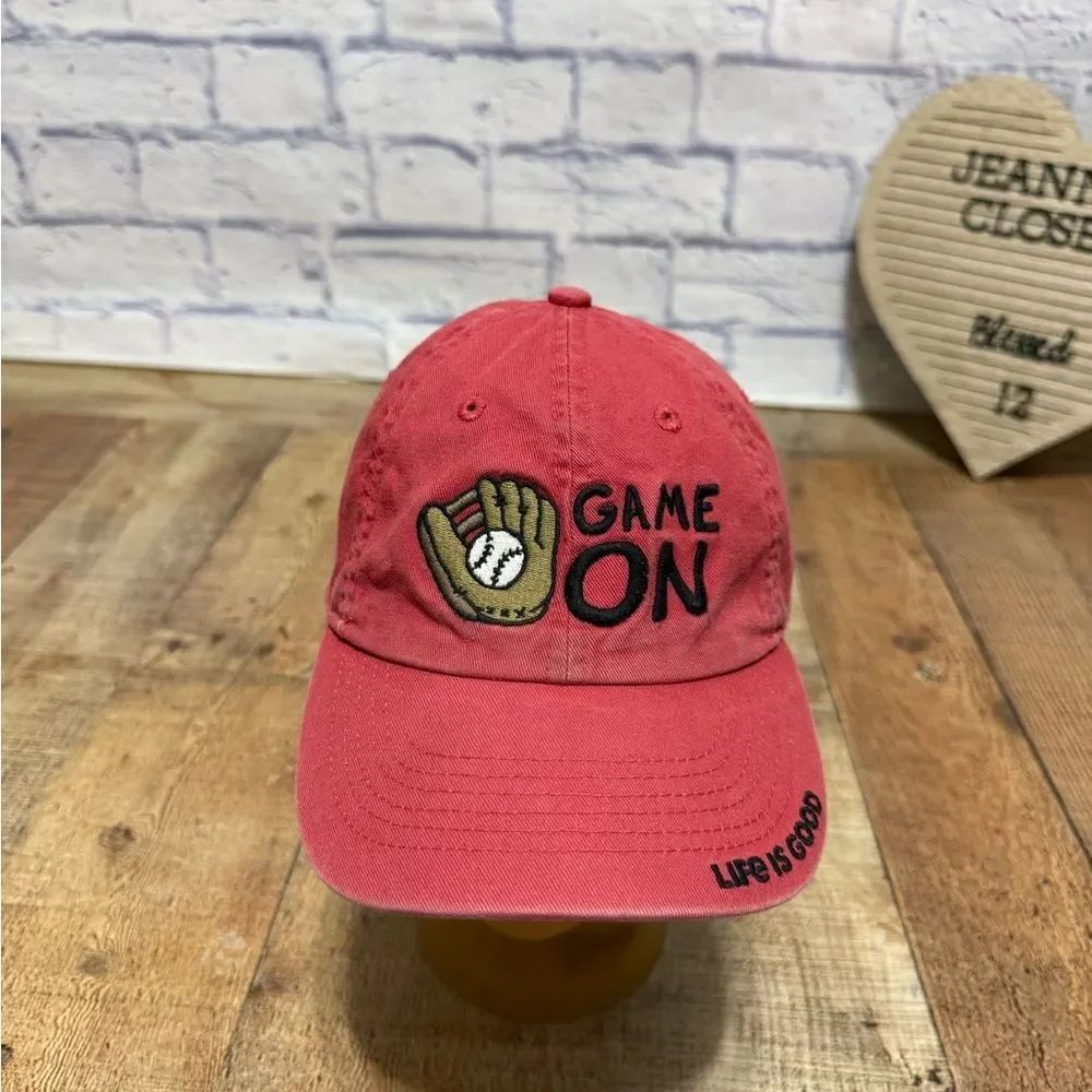 Life Is Good Game On Baseball Embroidered Red Cap Hat Adjustable